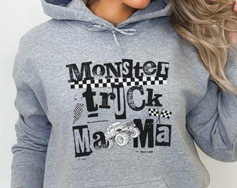 Monster Truck Mama Hoodie Hooded Sweatshirt Monster Truck Lover Gift for Mom Checkered Mama Truck Mom Gift