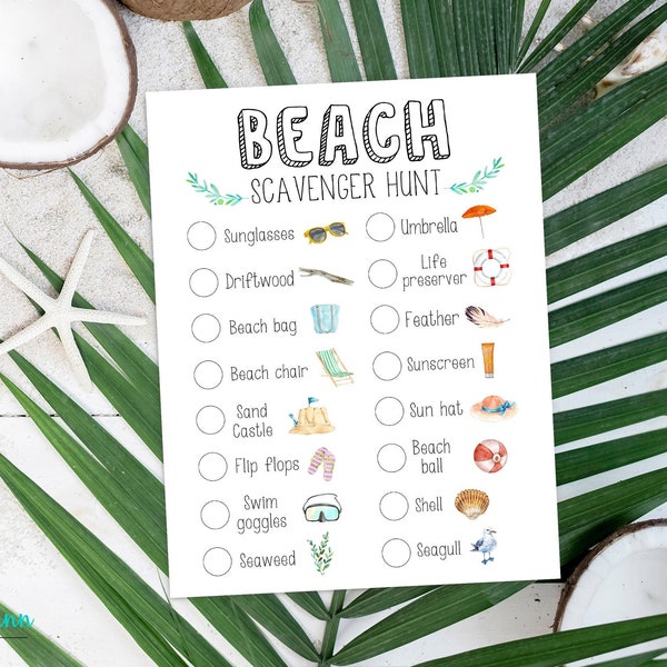 Beach Scavenger Hunt Vacation Scavenger Hunt for Kids Beach Activity Travel Kids Games Florida Travel Game Seashells Instant Download