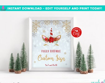 Editable Unicorn Christmas Birthday Party Sign Fully Editable Corjl Birthday Sign Printable 5x7 8x10 Party Sign Template Corjl Digital Xmas