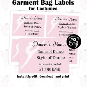 May include: Three pink printable garment bag labels with a white silhouette of a dancer. The labels include the text "Dancer's Name", "Name of Dance", "Style of Dance", "Accessories needed", and "Studio Name". The labels are 3x4 inches and 3.5x5 inches.