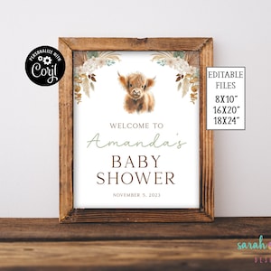 Highland Cow Welcome Sign Editable Highland Cow Baby Shower Poster Cow Decorations Editable Corjl Sign for Gender Neutral Baby Shower Cows