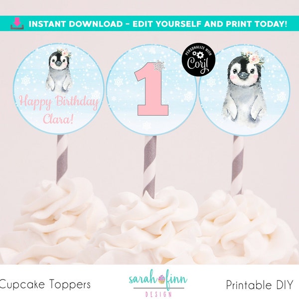 Penguin Birthday Cupcake Toppers Editable Penguin Girl Party Decor Cupcake Topper Printable Editable Corjl Instant Download Winter Birthday