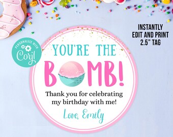 May include: A pink and blue round sticker with the text "You're the Bomb!" and a pink and blue bath bomb illustration. The sticker also includes the text "Thank you for celebrating my birthday with me! Love, Emily".