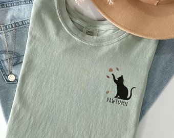 Comfort Colors Fall Cat Shirt Cat Halloween Tshirt Cute Cat Lover Shirt Cute Autumn Cats and Leaves Pumpkin Shirt Pawtumn Cat Gift