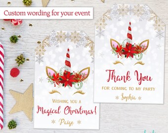 Christmas Unicorn Favor Tags Christmas Unicorn Gift Tags Magical Christmas Unicorn Party Thank You Tags Printable Snowflakes Party Favor