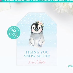 Penguin Favor Tags Arctic Party Thank You Tags Instant Download Edit with Corjl Girl Penguin Birthday Party Favor Tags Printable File Winter