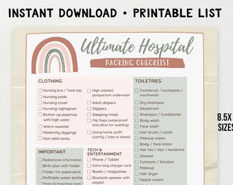 Liste de contrôle de sac d'hôpital Liste de contrôle de livraison de travail Maman Bébé TÉLÉCHARGEMENT INSTANTANÉ Imprimable Vert Arc-en-ciel Neutre Essentials Grossesse Maternité