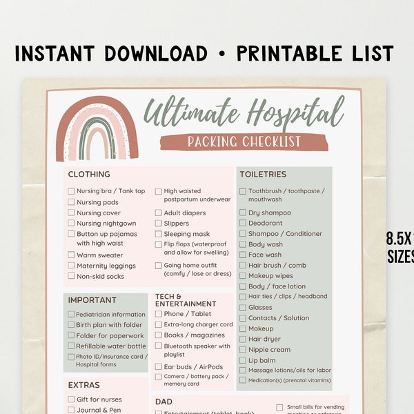 Hospital Bag Checklist Labor Delivery Check List Mom Baby INSTANT DOWNLOAD Printable Green Rainbow Neutral Essentials Pregnancy Maternity