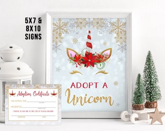 Adopt a Unicorn Printable Sign and Certificate Christmas Unicorn Party Printable Game Instant Download Christmas Birthday Adoption Sign