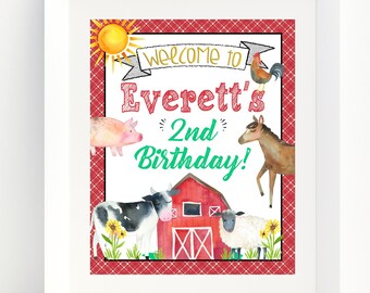 Farm Birthday Party Welcome Sign Printable Red Party Decor Barnyard Party Sign Horse Cow Pig Transportation Second Birthday Digital