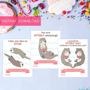 Loutre Saint Valentin cartes pour enfants TÉLÉCHARGEMENT INSTANTANÉ Saint Valentin école loutres enfant Saint Valentin imprimable cartes Saint Valentin