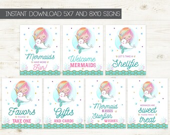 Mermaid Party Signs Set Mermaid Birthday Decorations Narwhal Party Printable Favor Sign Instant Download Treat Sign Pack