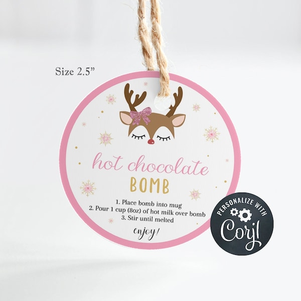 Hot Cocoa Bomb Etiketten Hot Chocolate Sticker DIY Digital Printable Etiketten Mädchen Rentier Junge Editierbar in Corjl Weihnachten Kakao Geschenk Rosa Gold