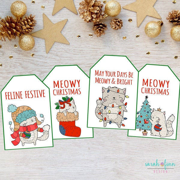 Cat Christmas Gift Tags Instant Download Printable Meowy Christmas Kitty Cat Pun Labels Gift Tags Merry Christmas DIY