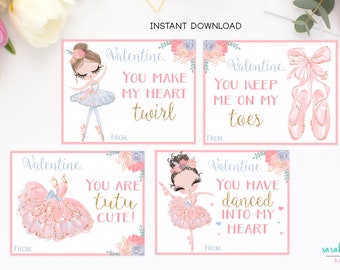 Ballerina Dance Valentine Cards for Kids INSTANT DOWNLOAD Dance Valentine's Day Cards Dancer Printable Valentine's Day Cards Ballet Digital