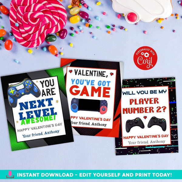 EDITABLE Video Game Valentine Cards, Gamer Valentine Cards for Kids, School Valentine Tags, Printable Valentines, Boy Video Gamer Card