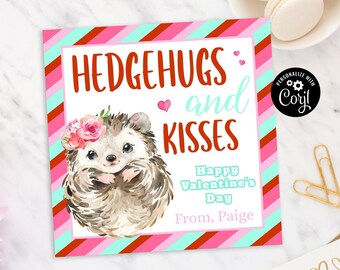 Hedgehog Valentine for Kids Hedgehugs School Valentine Cards Classroom Valentines EDITABLE in Corjl Valentine Printable Valentines School