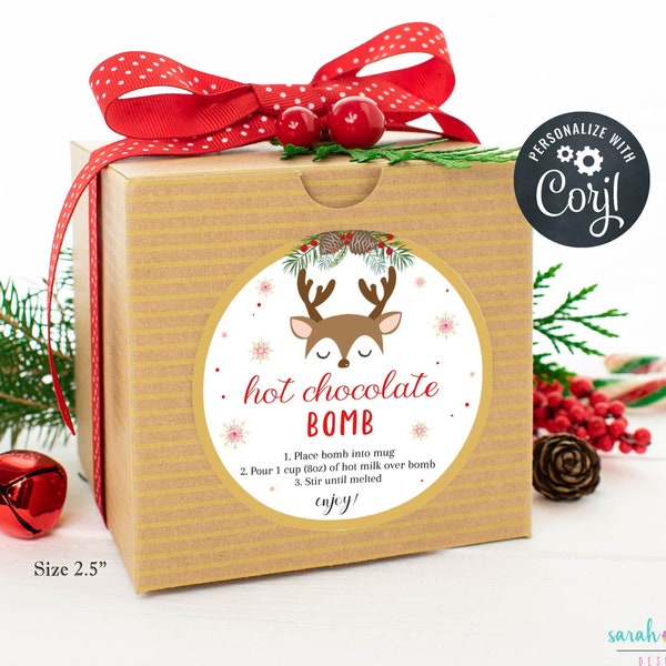 Hot Cocoa Bomb Etiketten Hot Chocolate Sticker DIY Digital Printable Etiketten Rentier Junge Editierbar in Corjl Weihnachten Kakao Geschenk Etiketten