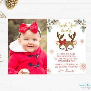 Rentier Deer Dankeskarte Druckbares Foto Weihnachten Geburtstagsparty Dankeskarte Druckbares Foto Winter Rot Gold Personalisierte Mädchen Deer
