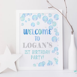 Boy Bubble Welcome Sign Printable Blue Boy Birthday Party Decor Sign Blue Green Silver Summer Party 1st Birthday Bubbles DIGITAL
