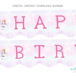 Caticorn Joyeux Anniversaire Bannière Imprimable Téléchargement Instantané Caticorn Chat Licorne Kitty Chat Party Decor Fournitures DIY Rose Violet Or