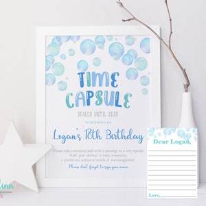 Archivos imprimibles de tarjetas con notas y cápsulas del tiempo para cumpleaños de Bubble Time Capsule Boy Summer Bubble Birthday Party Keepsake Digital
