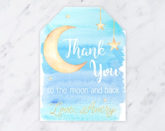 Moon Favor Tags Printable Birthday Thank You Tags Two the Moon Second 2nd Birthday Love You to the Moon Theme Moon and Stars DIY Favor Tag