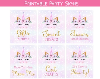 Caticorn Birthday Party Signs Set Printable Unicorn Cat Party Signs Birthday Decor Favor Sign Téléchargement instantané Unicorn Kitty Treat Sign Pack