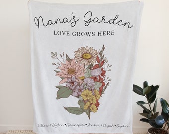 Nana's Garden Custom Birth Month Flowers Blanket Xmas Grandkids Names Birth Flowers Bouquet Personalized Gift for Nana Grandma's Garden