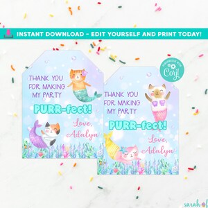 Purrmaid Favor Tags Editable Purrmaids Thank You Tags Cat Mermaid Birthday Party Printable Favor Tag Mercat Tags Edit in Corjl Editable