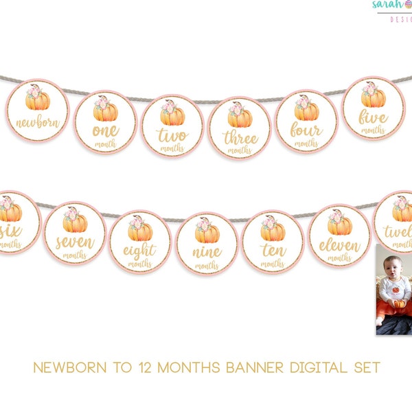 Pumpkin Baby Milestone Banner Set Newborn to 12 Months Banner Printable Digital Files Halloween Baby First Birthday Banner DIY Girl