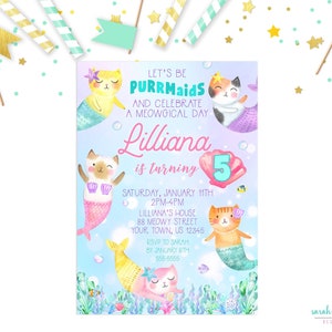 Cat Mermaid Birthday Invitation Meowmaids Mercat Purrmaids Party Invitation Printable Birthday Cat Pool Under the Sea Invite Kitty