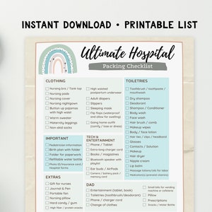 May include: A printable checklist for packing for a hospital stay. The checklist is divided into categories: Clothing, Important, Tech & Entertainment, Extras, Dad, Baby, and Toiletries. The checklist is designed with a light blue and green color scheme and features a rainbow graphic.