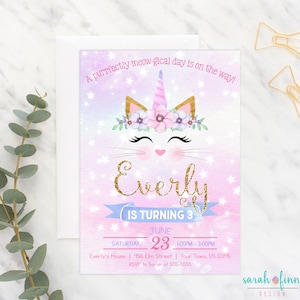 Caticorn Invitation Caticorn Birthday Party Invite Kitty Party Invitation Cat Purrfectly Meowgical Invitation Printable Cat Face Digital