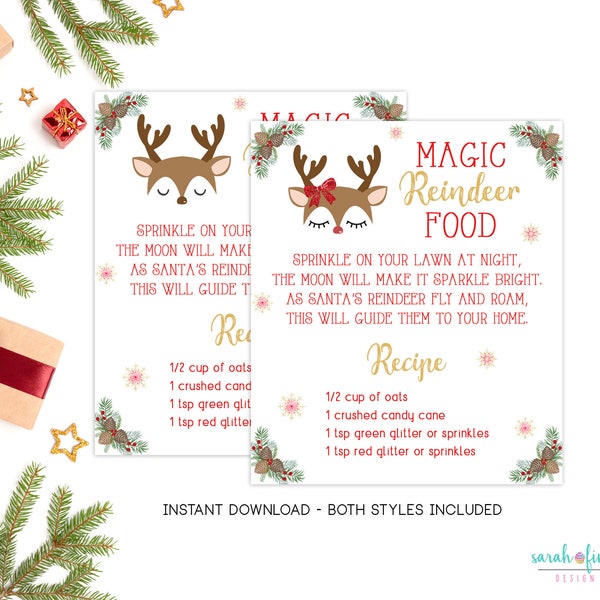 Reindeer Food Printable Recipe Card Instant Download Printable File Boy & Girl Reindeer Christmas Magic Reindeer Food Sign School Gift Tags