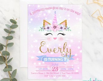 Caticorn Invitation Caticorn Birthday Party Invite Kitty Party Invitation Cat Purrfectly Meowgical Invitation Printable Cat Face Digital