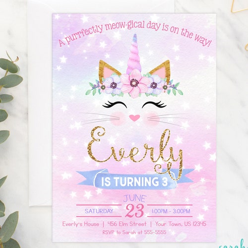 Caticorn Rainbow Birthday Party Invitation Caticorn Cat - Etsy
