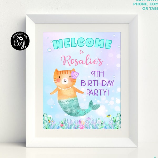 Mercat Birthday Welcome Sign Editable Purrmaid Party Decorations Mermaid Cat Party Printable Sign Corjl Purrmaid Party Supplies Cat Mermaid