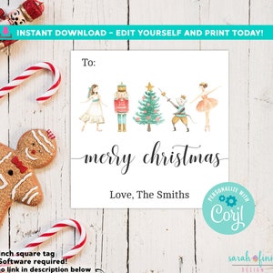 Nutcracker Christmas Gift Tags Printable and Editable in Corjl Merry Christmas Tags Printable Square Labels Family Instant Download Ballet