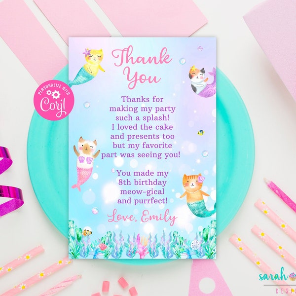 Mercat Thank You Card Editable Purrmaid Party Thank You Card Instant Download Edit with Corjl Birthday Printable Digital 4x6 Cat Mermaid