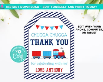Train Favor Tags Train Thank You Tags Printable Train Birthday Party Favor Tags Chugga Choo Two Second Birthday Transportation DIY