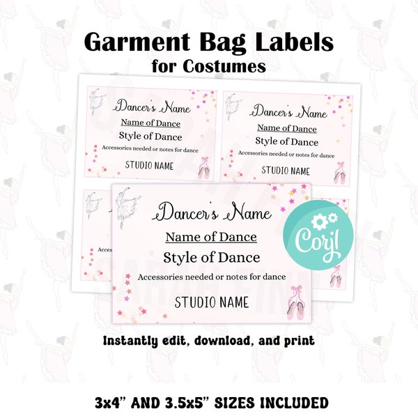 Dance Costume Cards Printable Garment Bag Labels for Dance Cheer Costume Labels Costume Tags Costume Bag Competition Dance Editable Corjl