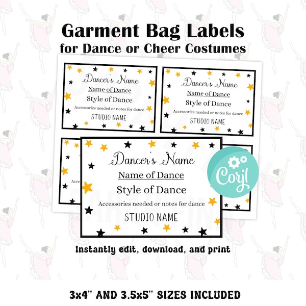 Dance Costume Cards Printable Garment Bag Labels for Dance Cheer Costume Labels Costume Tags Costume Bag Competition Dance Editable Corjl
