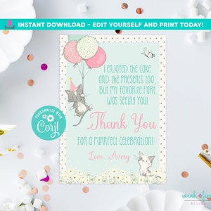 Kitten Thank You Card Printable Editable Cat Birthday Thank You Card Digital File Edit in Corjl Kitten Cat Birthday Instant Download