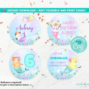 Mercat Birthday Cupcake Toppers Editable Mermaid Party Decor Cat Mermaid Cupcake Topper Printable Editable Corjl Instant Download Purrmaids