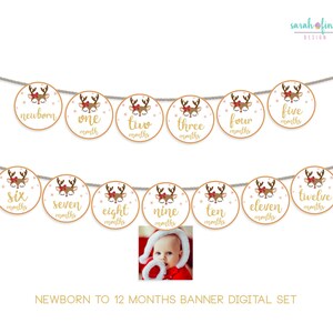 Reno bebé hito banner conjunto recién nacido a 12 meses banner imprimible archivos digitales Navidad bebé primer cumpleaños banner DIY niña