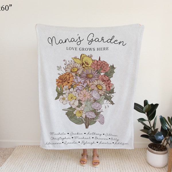 Grandma's Garden Custom Birth Month Flowers Blanket Xmas Gift from Grandkids Birth Flowers Bouquet Personalized Christmas Gift for Grandma