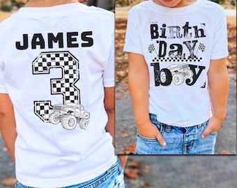 Monster Truck Birthday Shirt Custom Name and Age Birthday Boy Tshirt Pit Crew Family Matching Shirts Monster Truck Party