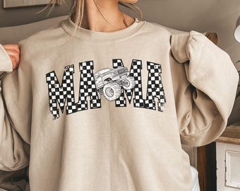 Monster Truck Mama Sweatshirt Gift Monster Truck Crewneck for Mom Gift for Monster Truck Lover Birthday Sweater Checkered Mama