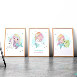 Mermaid Unicorn Narwhal Printable Girls Room Wall Art Set Instant Download Nursery decor Prints Unicorn Art Mermaid Decor Printable Bathroom